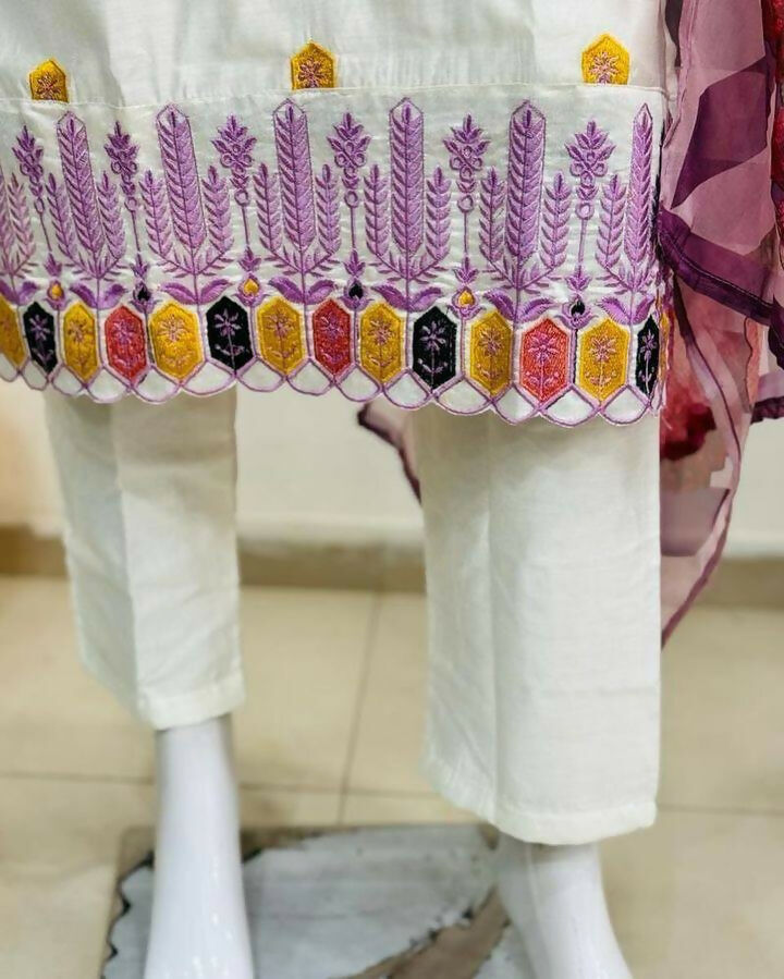 The52 Off White Women's Gorgeous Embroidered Viscose Chanderi Fabric Straight Kurta Pant with Dupatta Set | Grocsy