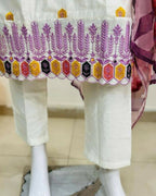 The52 Off White Women's Gorgeous Embroidered Viscose Chanderi Fabric Straight Kurta Pant with Dupatta Set | Grocsy