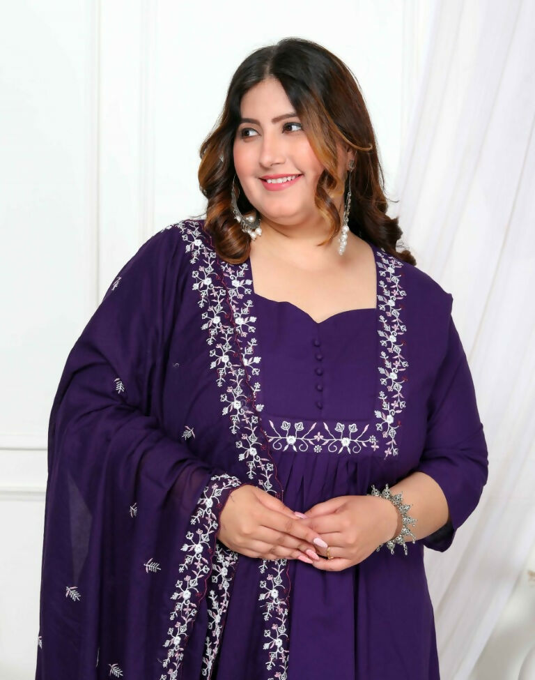 Miravan Women's Plus Size Cotton Purple A-Line Kurta With Embroidered Neck And Palazzo With Embroidered Dupatta Set | Grocsy