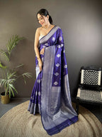 Joban Fashion Royal Blue Floral Motifs Soft Silk Banarasi Saree | Grocsy