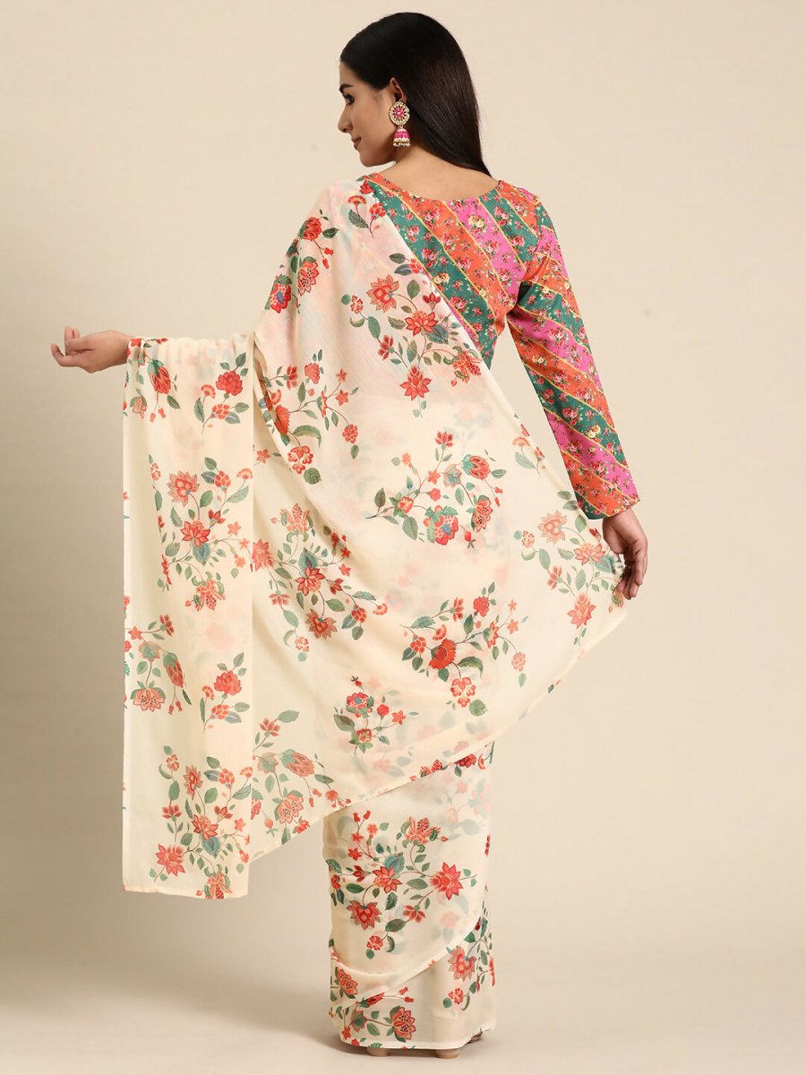 Ahalyaa Women's Traditional Semi Stitch Saree - Off White | Grocsy