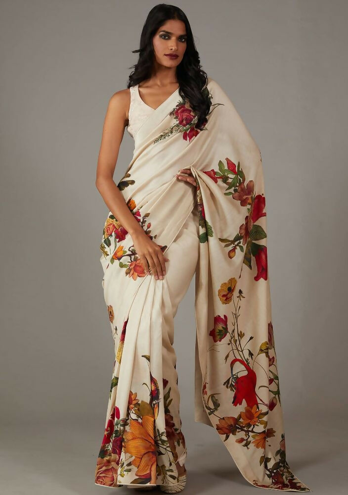 Off White Bright Moss Designer Digital Printed Party Wear Saree - Be Verly | Grocsy