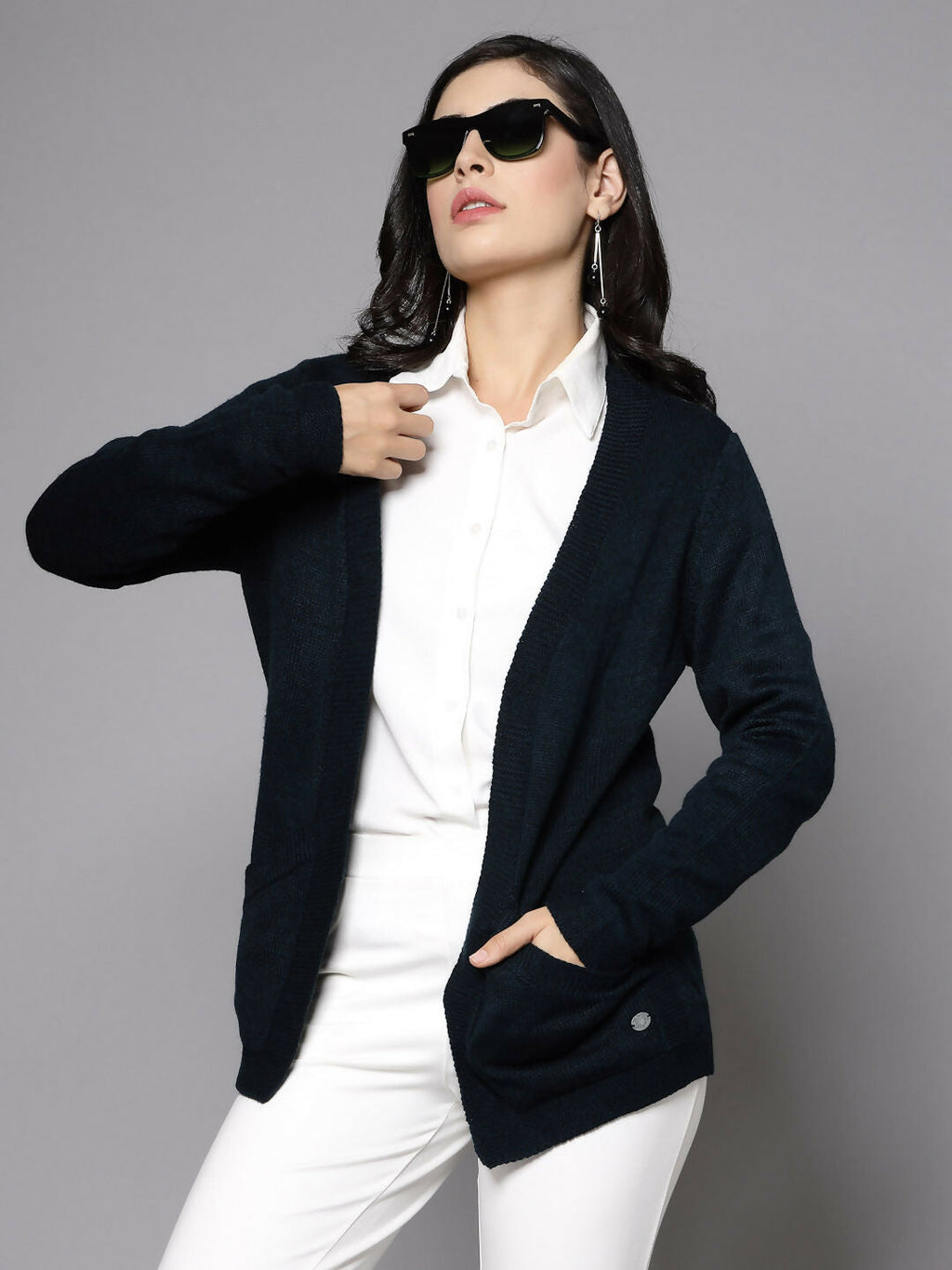 Women Teal Acrylic Solid Cardigan - Wool Trees | Grocsy