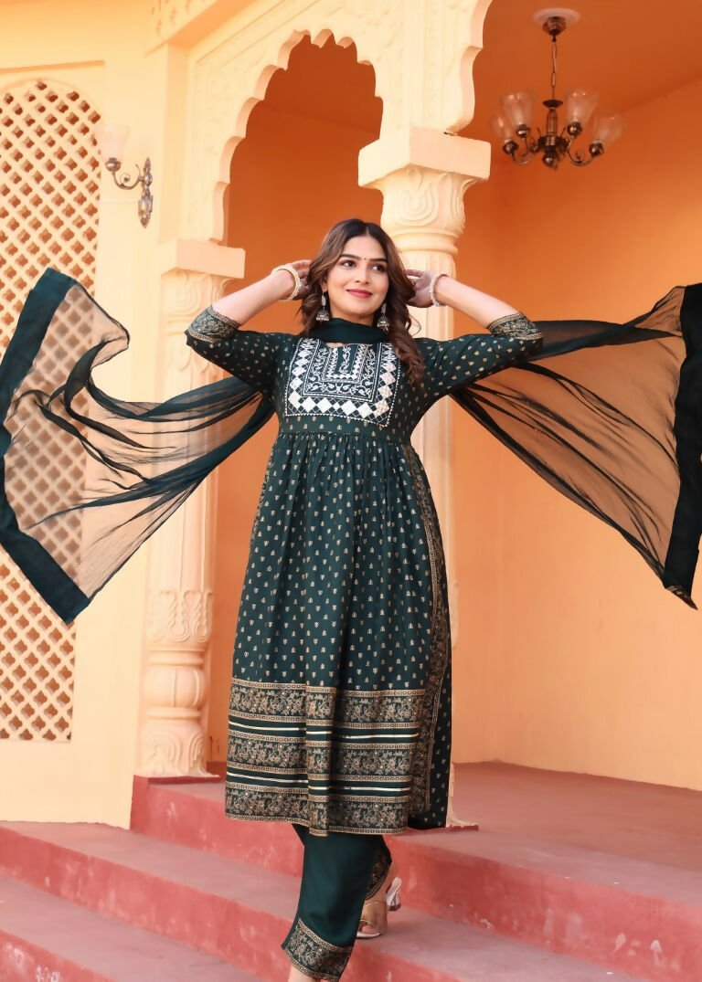Alvano Women's Embroidery work Print Naira Cut Kurti with Pant and Dupatta set Rayon | Grocsy
