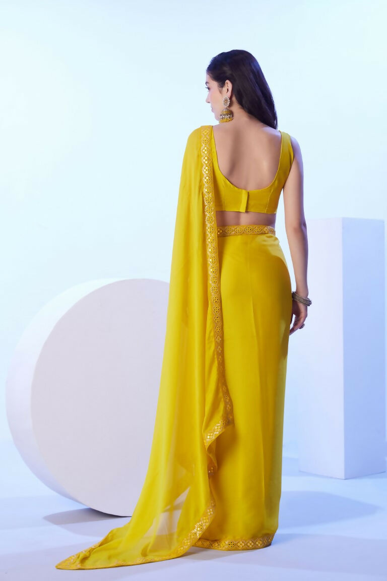 Yellow Moss Solid Designer & Lace Work Saree - Samaa | Grocsy