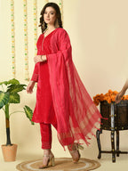 Myshka Women's Pink Velvet Kurta & Trousers With Dupatta Party Sets | Grocsy