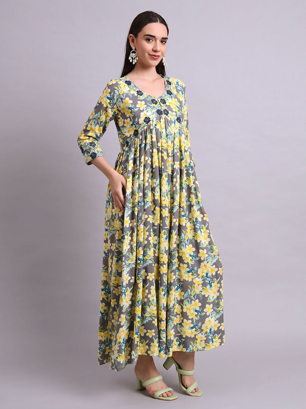 Joban Fashion Yellow Cotton Floral Printed & Embroidery Work Anarkali Dress With Dupatta Set | Grocsy