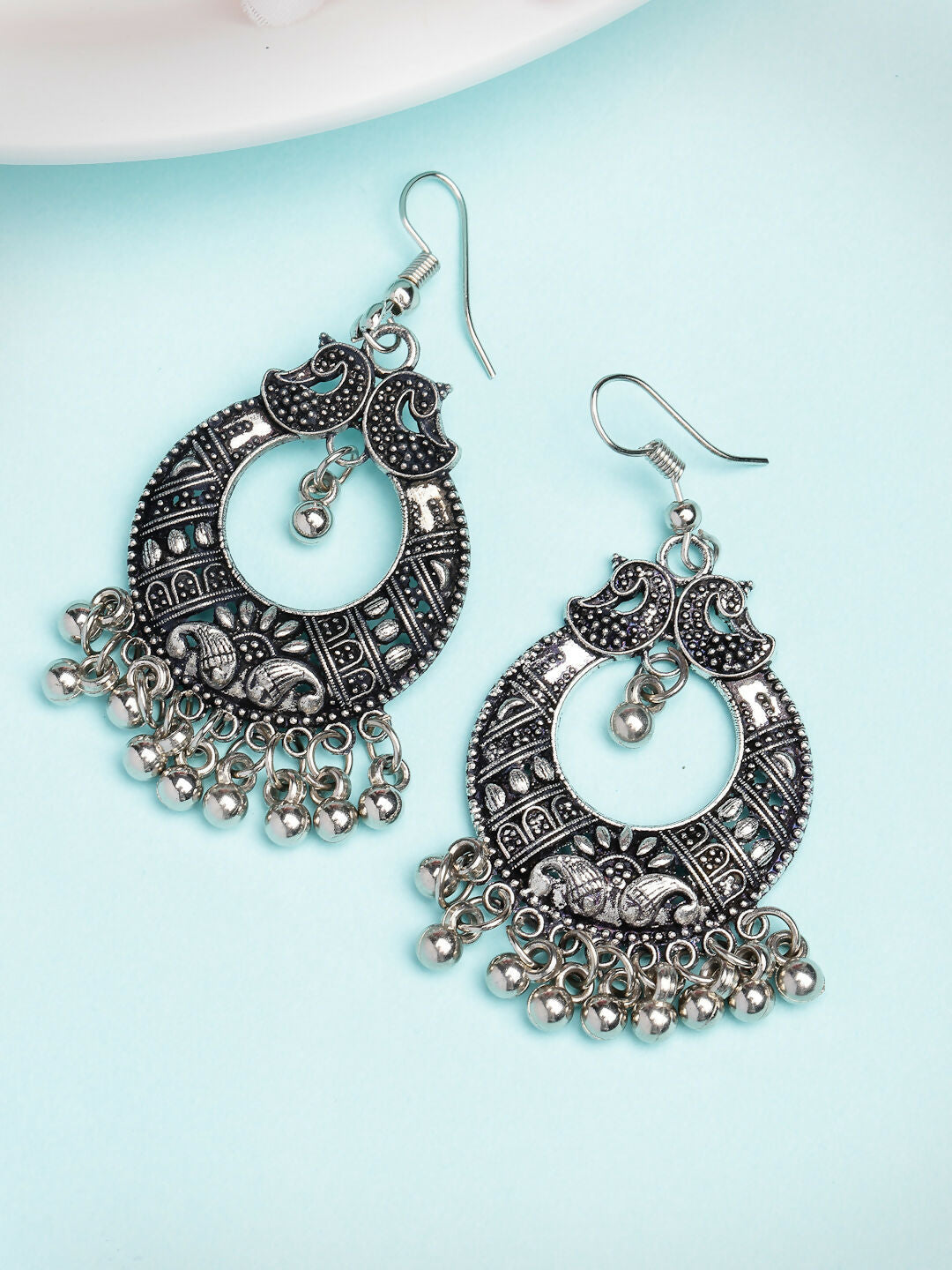 NVR Women's Silver-Plated German Silver Oxidised Chandbali Earrings