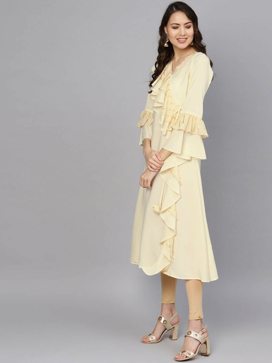 Ahalyaa Cream Crepe Angarkha Style Ruffled Kurta For Women | Grocsy
