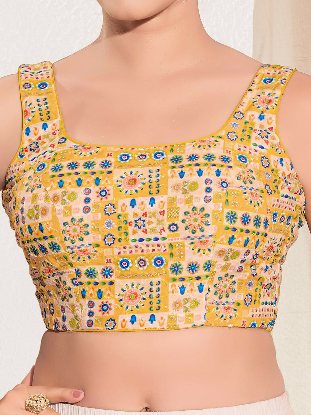Joban Fashion Yellow Viscose Rayon Padded Blouse With Square Neck Sleeveless | Grocsy