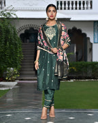Vaasva Women's Silk Emboidered Solid Pant Set & Digital Printed Dupatta | Grocsy