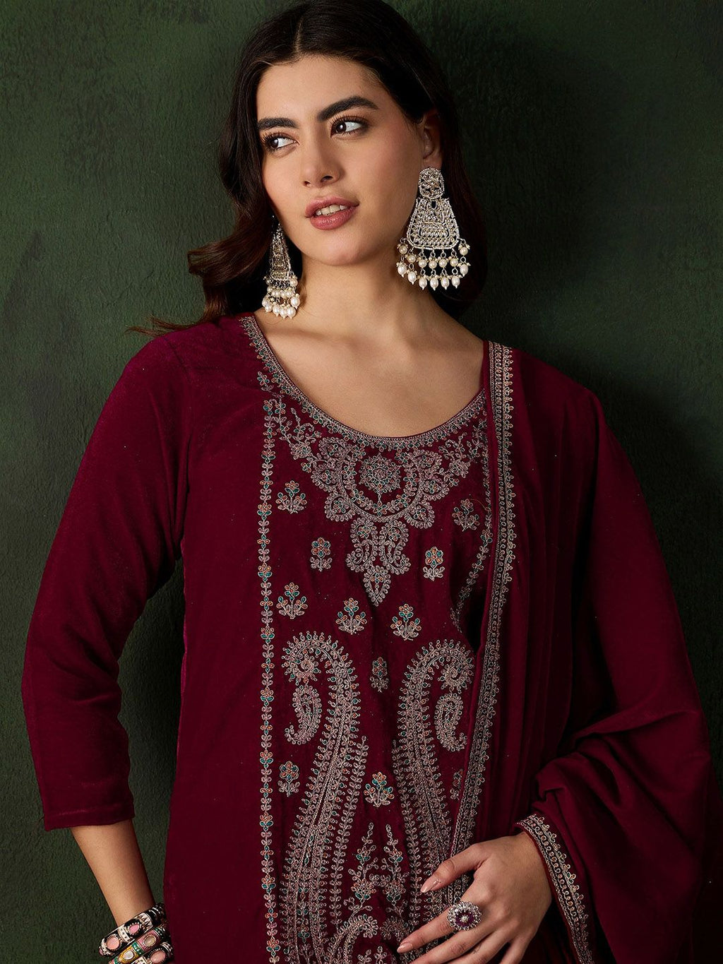 Sangria Floral Embroidered Straight Kurta & Trousers With Dupatta | Grocsy