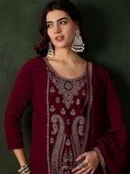 Sangria Floral Embroidered Straight Kurta & Trousers With Dupatta | Grocsy