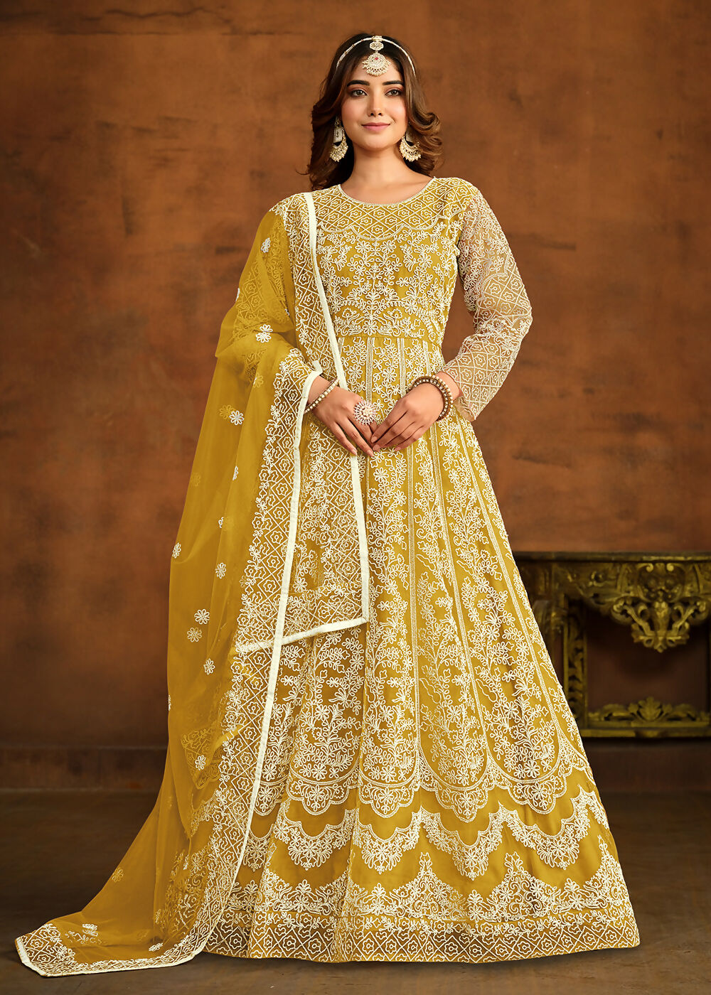 Yellow All Over Embroidered Net Wedding Anarkali Suit - Emponline | Grocsy