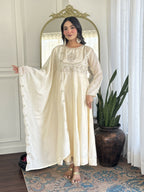 The52 CreamWomen's Gorgeous Embroidered Vichitra Silk Fabric Flared Kurta Pant with Dupatta Set | Grocsy