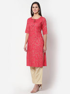 Myshka Women's Pink Rayon Printed Regular Sleeves Round Neck Casual Kurta | Grocsy