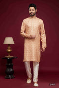 Raivat Ethnic Art Silk Digital Print Pintux Work Kurta Pajama In Peach Colour | Grocsy