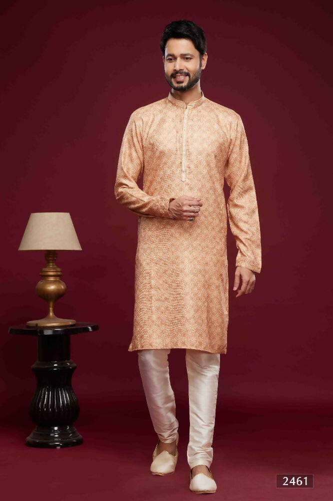 Raivat Ethnic Art Silk Digital Print Pintux Work Kurta Pajama In Peach Colour | Grocsy
