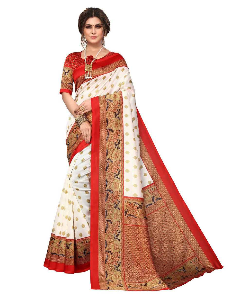 Vamika white & red Printed Art Silk Saree | Grocsy