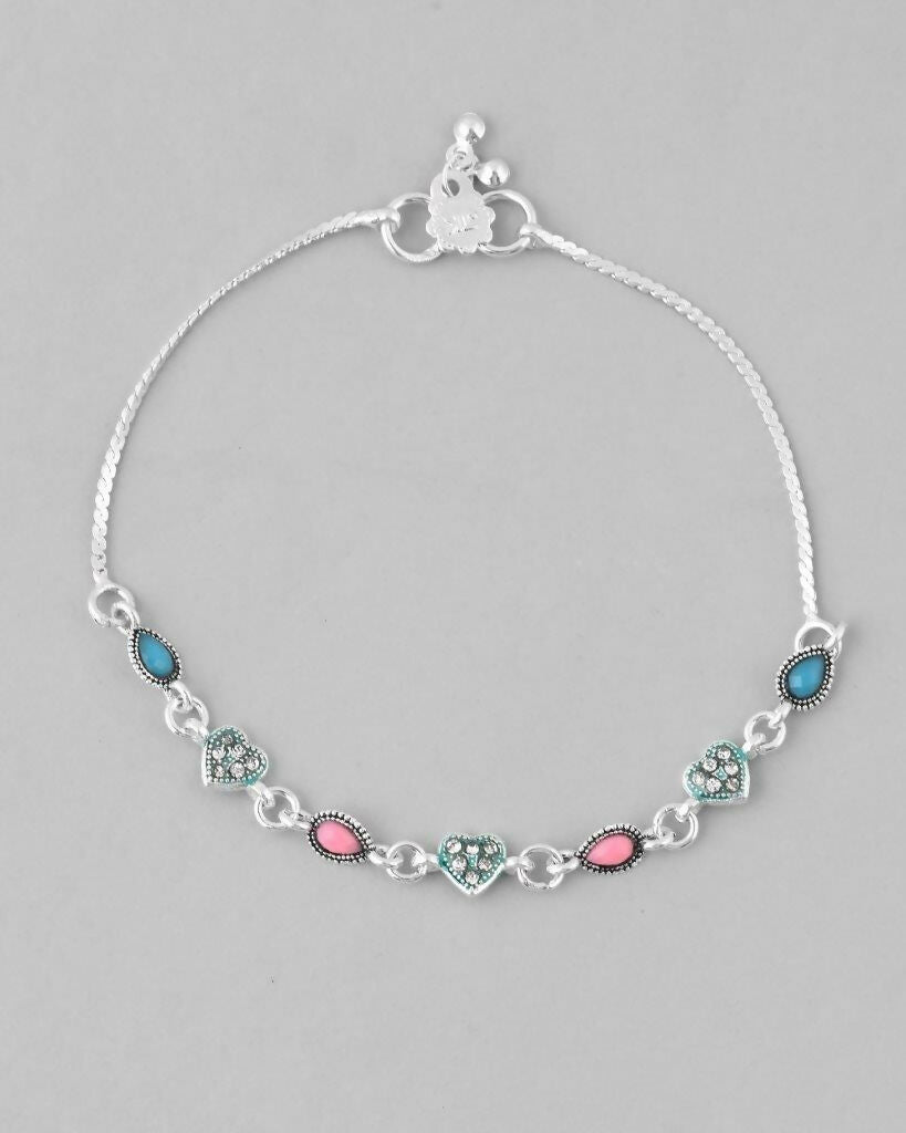 VOJ Set of 2 Silver Plated Heart Shaped Meenakari Anklet | Grocsy