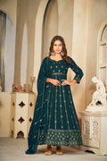 Jyoti Fashion Women's Rama Georgette Embroidered Anarkali Kurta Pant Set With Dupatta | Grocsy