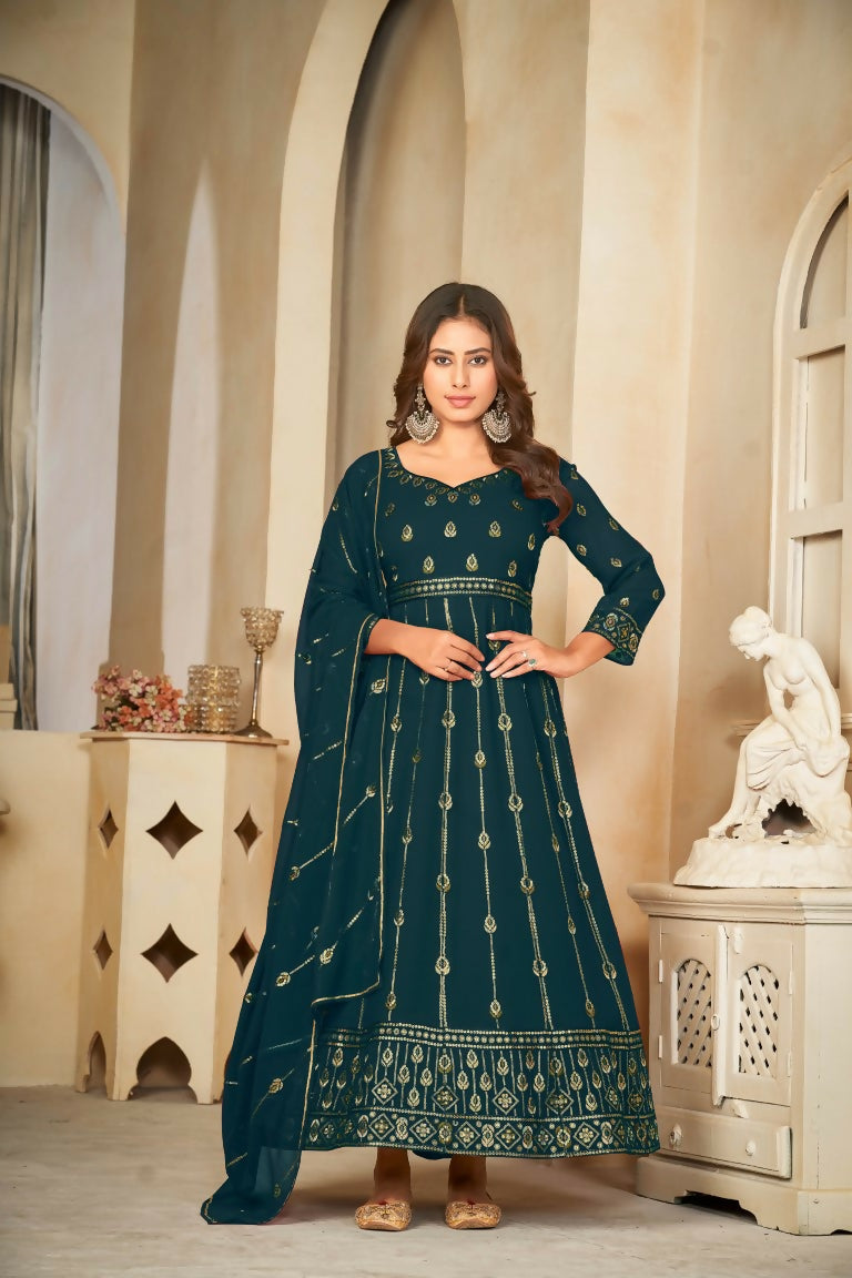 Jyoti Fashion Women's Rama Georgette Embroidered Anarkali Kurta Pant Set With Dupatta | Grocsy