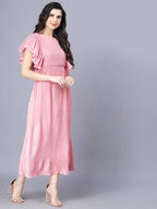 Myshka Chiffon Solid Short Sleeve Round Pink Women Dress | Grocsy