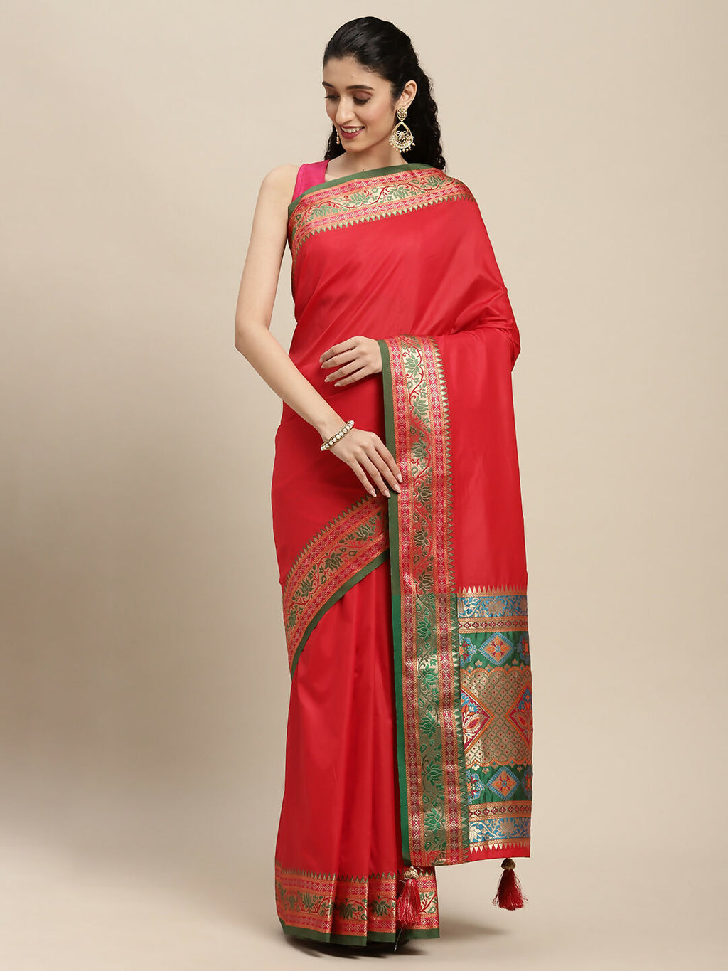 Shree Shyam Fashion Silk Blend Red Saree | Grocsy