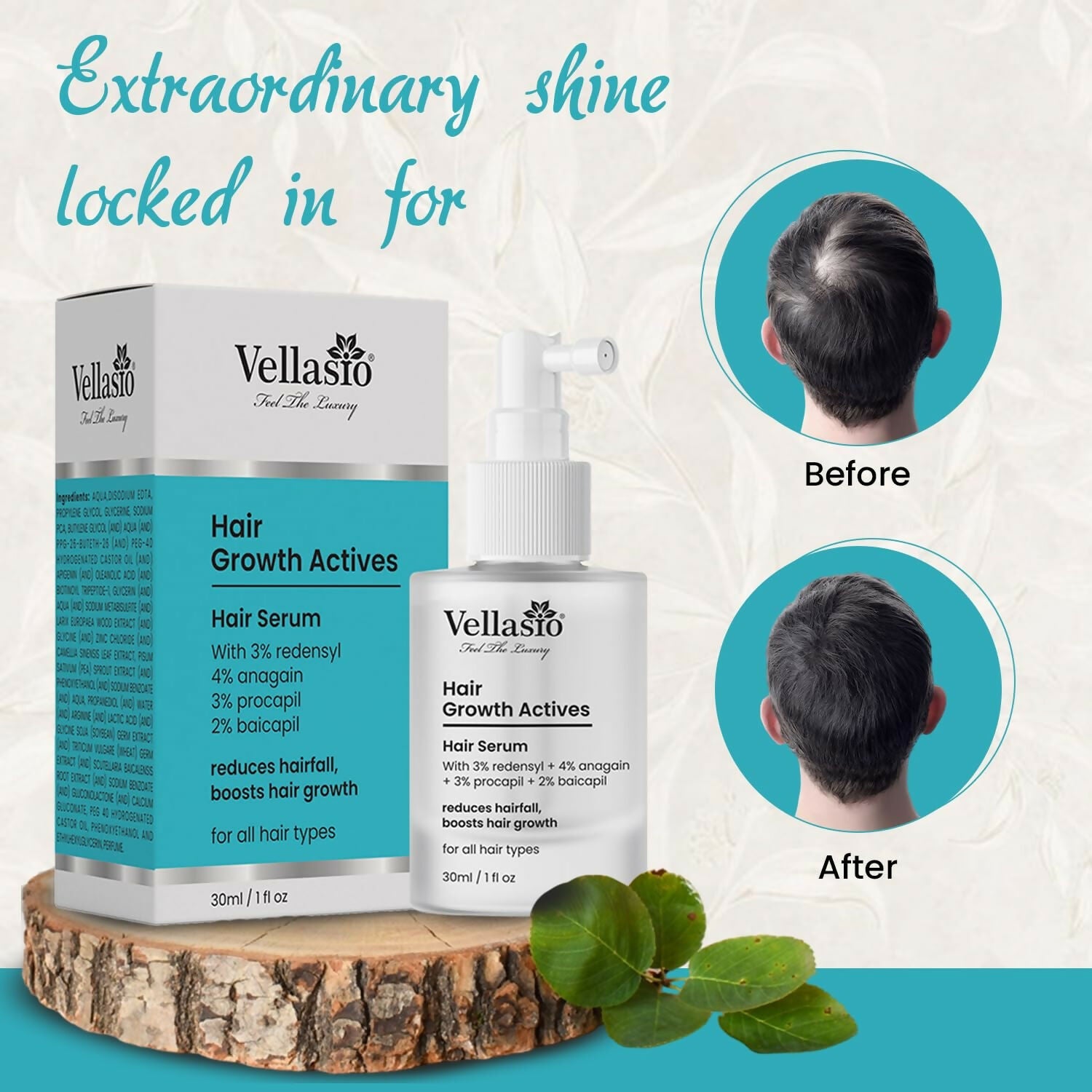 Vellasio Hair Growth Serum Actives - 3% Redensyl, 4% Anagain, 3% Procaoil, 2% Baicapil | Grocsy