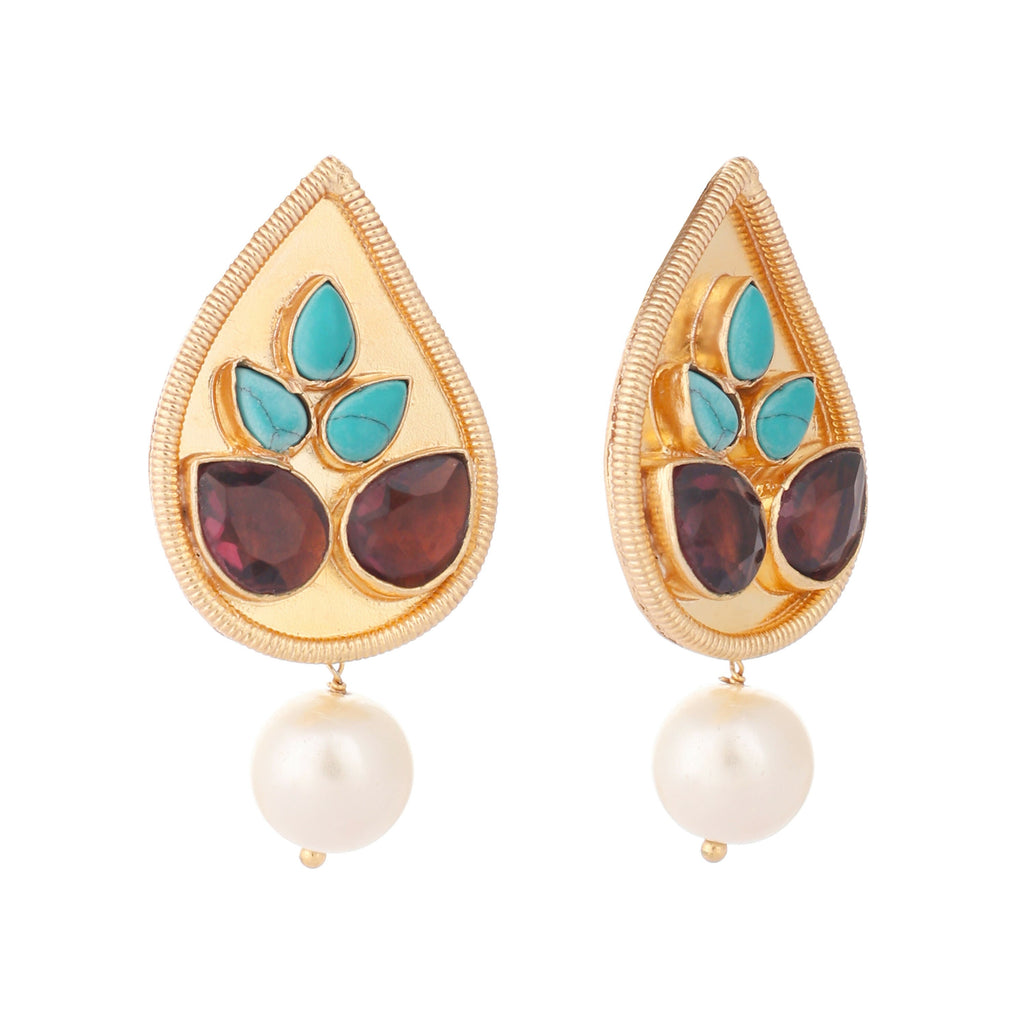 Nuyug 22K Gold Plated Faux Turquoise Stone Studded Contemporary Petal Shaped Pearl Drop Stud Earrings | Grocsy