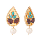 Nuyug 22K Gold Plated Faux Turquoise Stone Studded Contemporary Petal Shaped Pearl Drop Stud Earrings | Grocsy