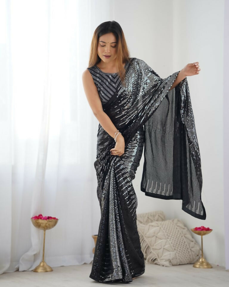 Black Georgette Designer Sequence Embroidery Work Saree - Radhe | Grocsy