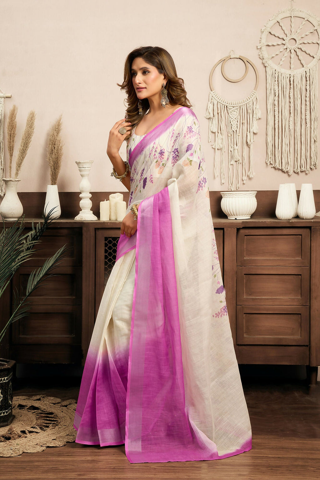 Vastranavya White Lavender Digital Printed Linen Ready To Wear Designer Saree with Unstitched Blouse | Grocsy