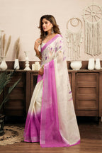 Vastranavya White Lavender Digital Printed Linen Ready To Wear Designer Saree with Unstitched Blouse | Grocsy