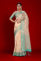 Peach Soft Organza Woven Design Saree With Unstitched Blouse Piece - Zaara | Grocsy