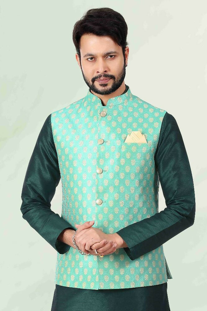 Raivat Ethnic Jacquard Banarasi Silk Woven Work 3 Pics Jacket Set In Pista Green Colour | Grocsy