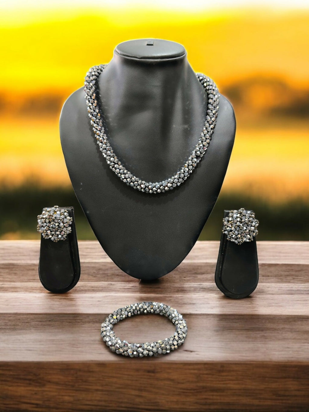 Inhanns Complete Look Crystal Statement 3-Piece Set (Adjustable Necklace + Earrings + Adjustable Bangle ) - Silver | Grocsy