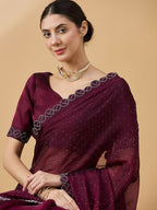 Purple Organza Swaroski Diamond Work Saree with Unstitched Blouse - Radha | Grocsy