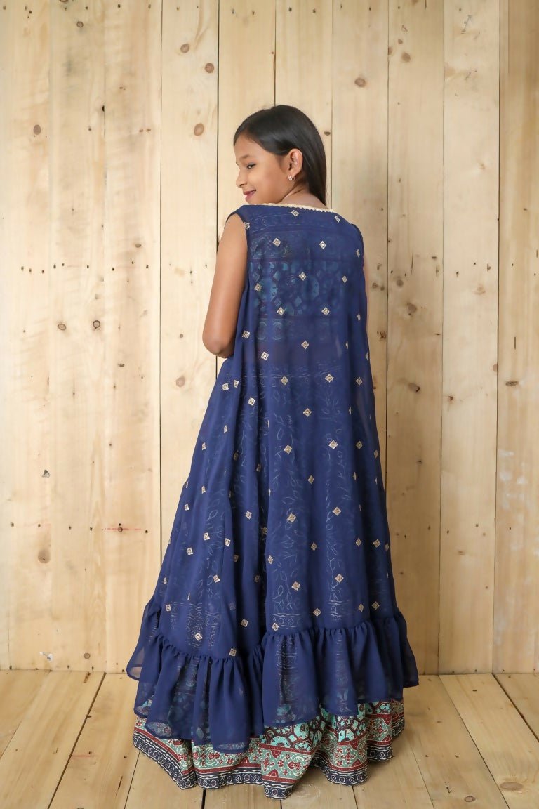 Aayaa Designer Printed Silk Embroidery Kids Lehenga Choli - Blue | Grocsy