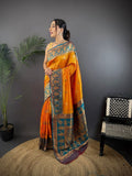 Elora Orange Soft Silk Butti Zari Weaving Constrast Pallu Banarasi Saree | Grocsy