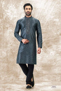 Raivat Ethnic Jacquard Silk Brocade Thread Work Kurta Pajama In Grey Colour | Grocsy