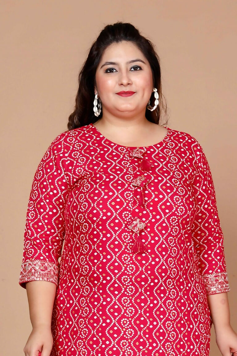 Miravan Women's Plus Size Pink Bandhani Pakistani Straight Kurti | Grocsy