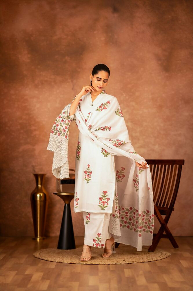 Joban Fashion Off White Pink Hand Block Printed Cotton Suit Set | Grocsy