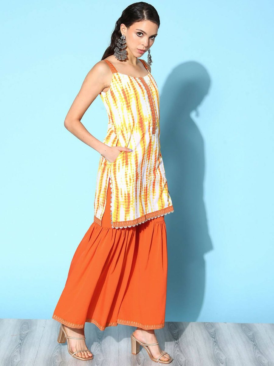 Ahalyaa Women's Orange Crepe Printed Kurta Sharara Set With Dupatta | Grocsy