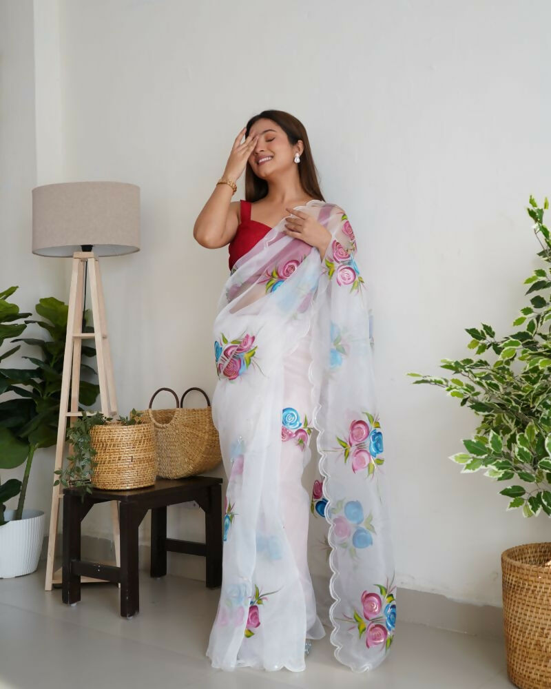 Vamsee Urvashi White Organza Saree | Grocsy