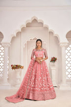 Aastha Fashion Gajari Butterfly Net White Cotton Thread Work, Zari Work And Sandwich Sequence Work Embroidery Wedding Wear Lehenga Choli | Grocsy