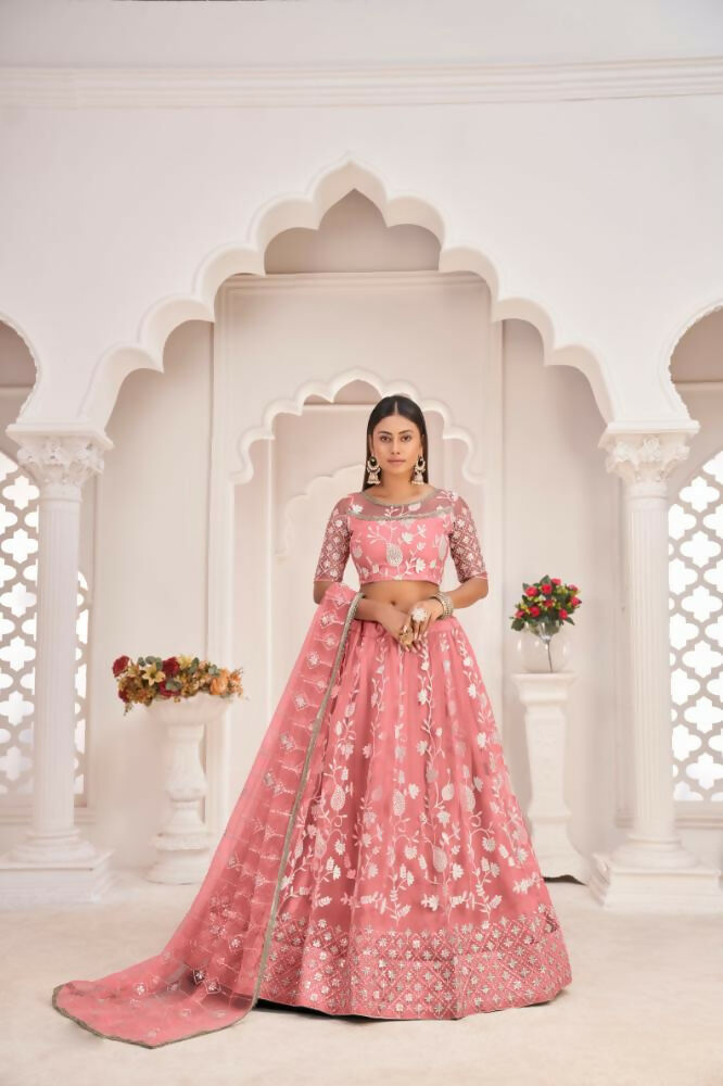 Aastha Fashion Gajari Butterfly Net White Cotton Thread Work, Zari Work And Sandwich Sequence Work Embroidery Wedding Wear Lehenga Choli | Grocsy