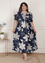 Miravan Womens Plus Size Blue Flower Printed Puff Sleeve Cotton Butterfly Maxi Dress | Grocsy