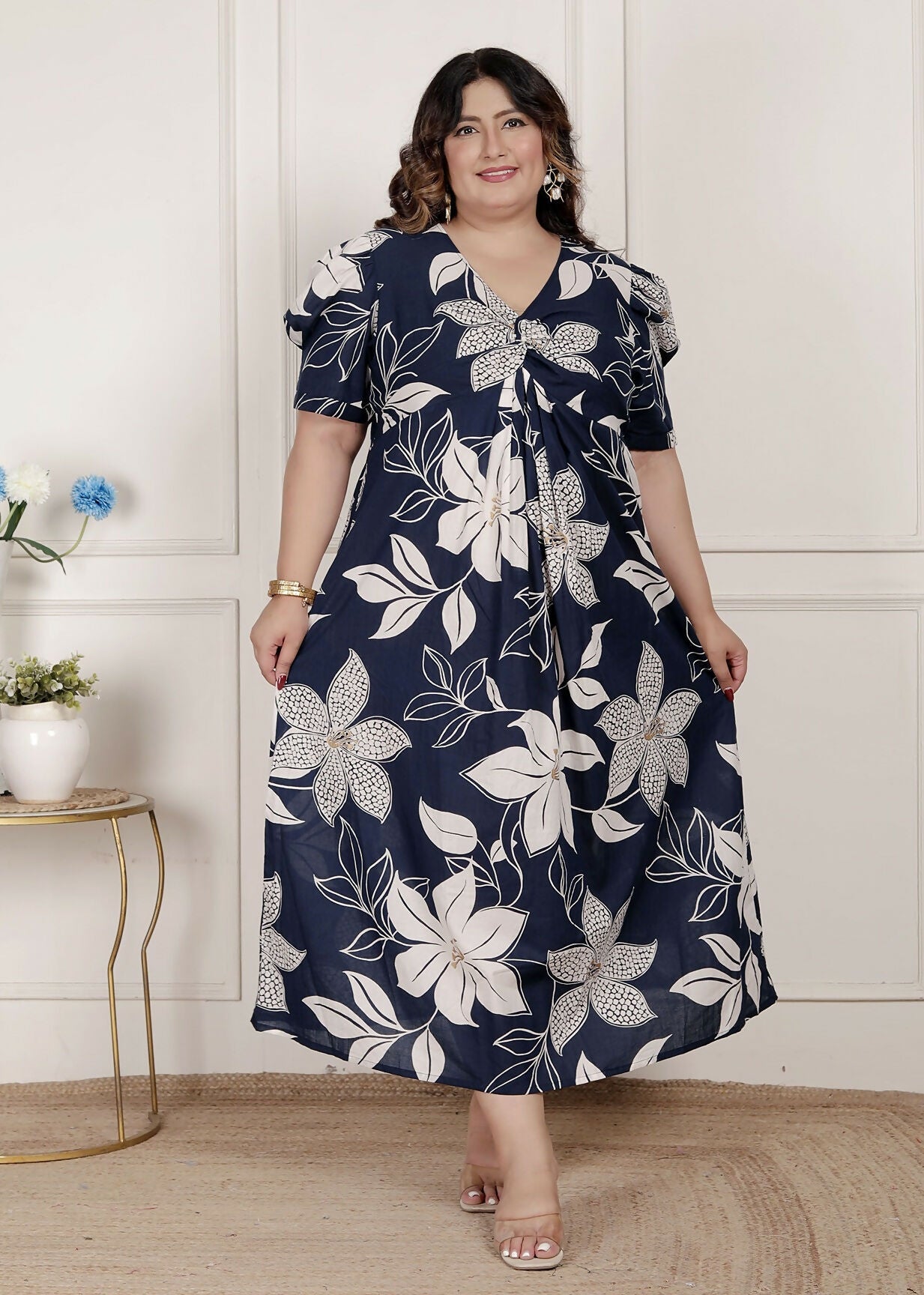Miravan Womens Plus Size Blue Flower Printed Puff Sleeve Cotton Butterfly Maxi Dress | Grocsy