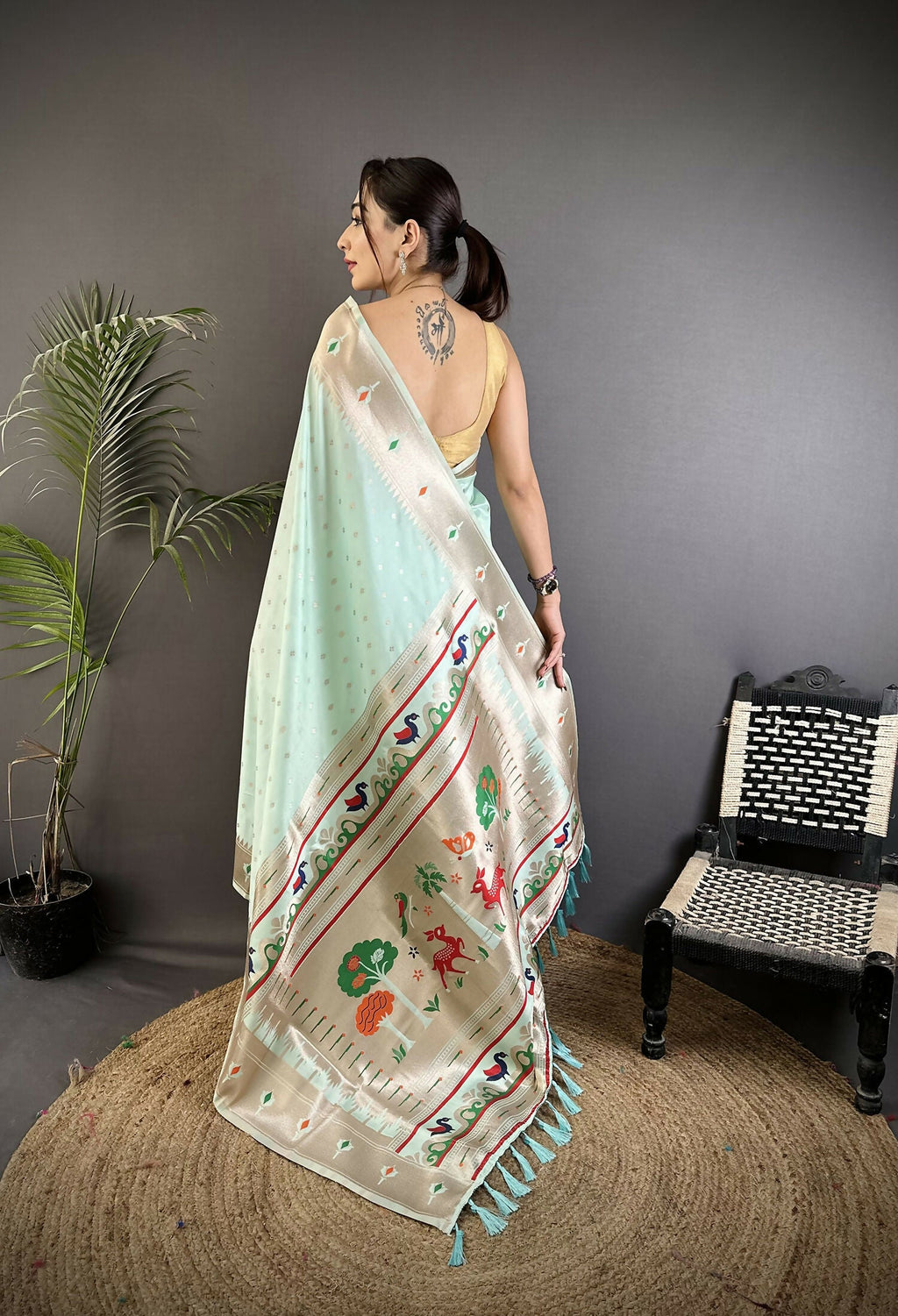 Joban Fashion Sea Green Peacock & Floral Motifs Soft Lichi Silk Kanchipuram Saree | Grocsy